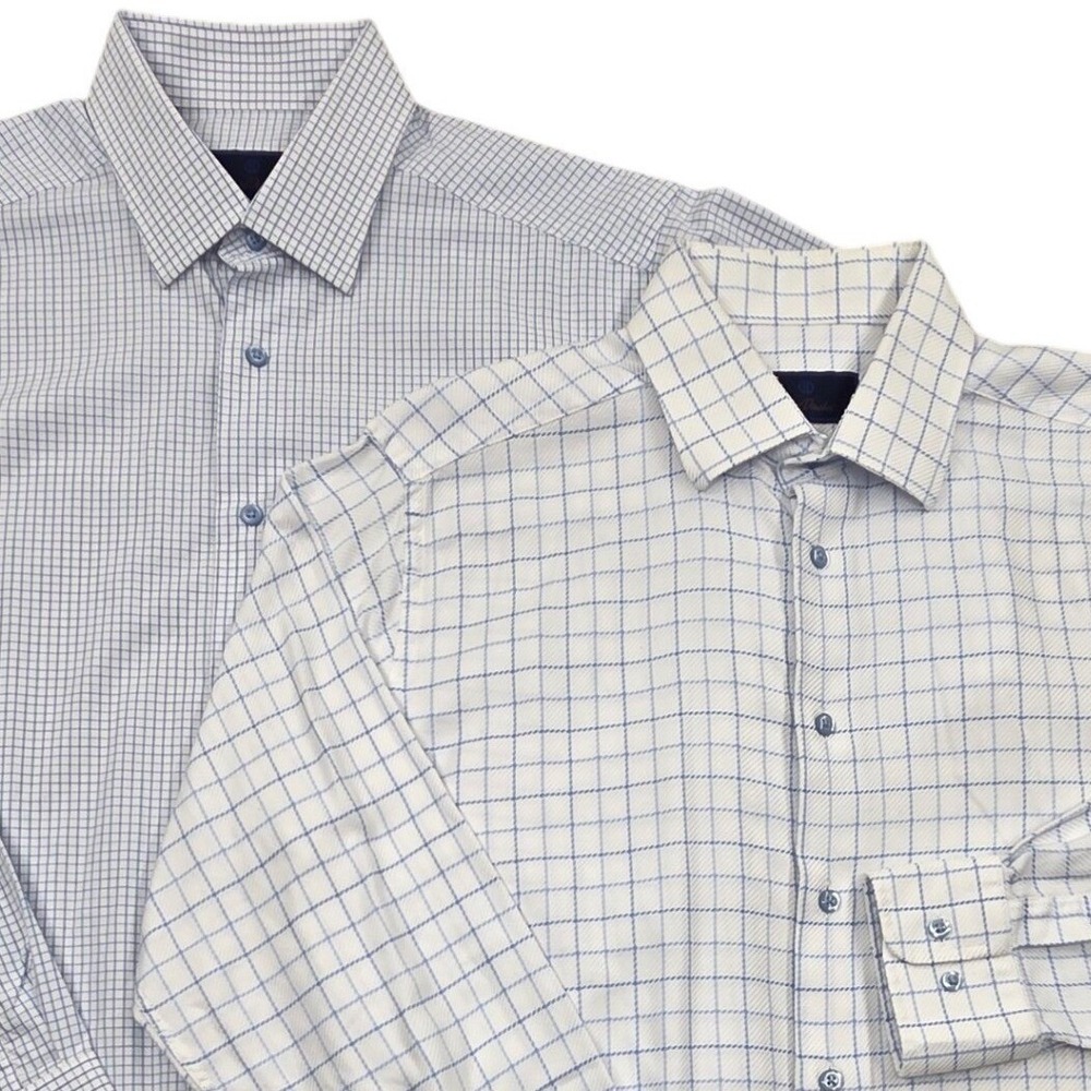 Lot of 2 David Donahue Slim Fit Dress Shirt Blue Check Mens 16.5 34/35